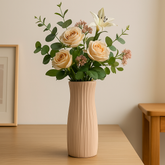 Textured Plastic Flower Vase – Pure White / Baby Pink / Mint Blue(3503) with flowers on a wooden table.